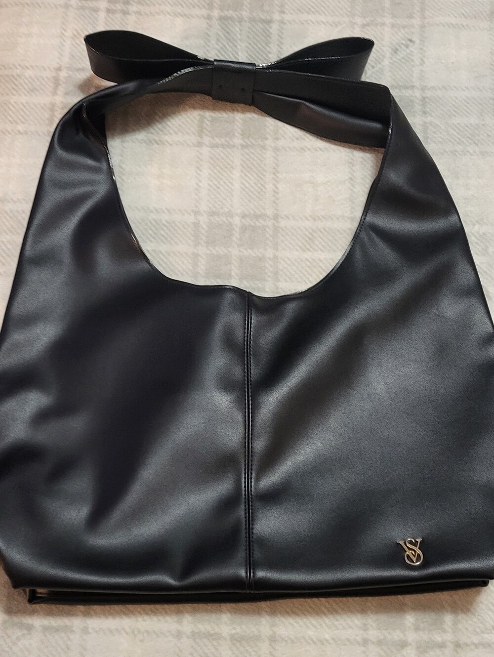 Victoria's Secret Black Faux Leather Shoulder Bag with Bow Strap